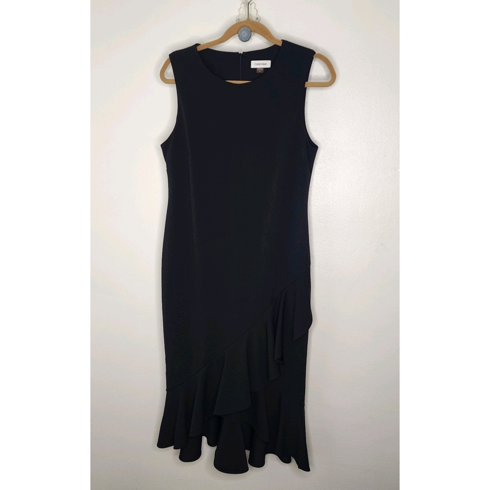 Calvin Klein Women's Sleeveless Classic Black Dress Size 12 Asymmetrical  Ruffle